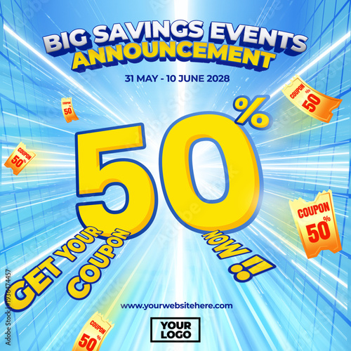 Discount announcement with flying voucher with 50% off.