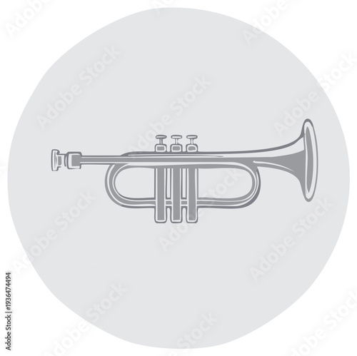 Illustration of a Silver Trumpet Musical Instrument on Round Background