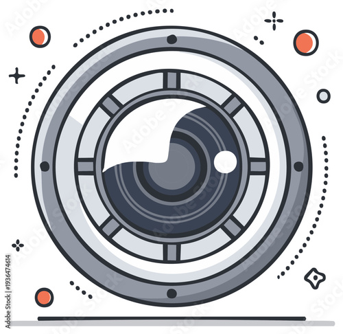 Modern stylized camera lens with abstract graphic elements and a reflective surface