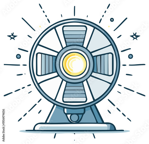 Cartoon film reel icon with radiating light, representing cinema and movie production