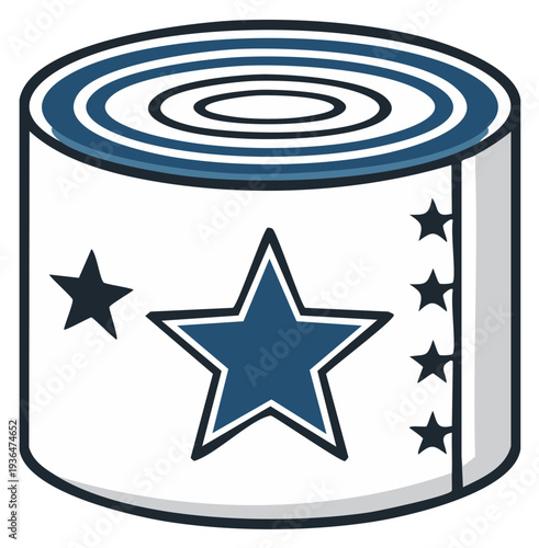Cartoon canned food with star symbols and blue detailing for graphic design elements