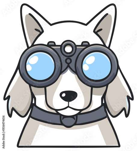Cartoon Arctic Dog with Binoculars Looking Forward