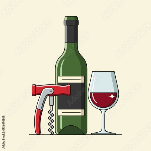 Red Wine Bottle, Glass, and Corkscrew on Light Background - Still Life