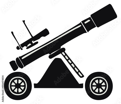 Black silhouette of a wheeled telescope pointing upward, equipment illustration