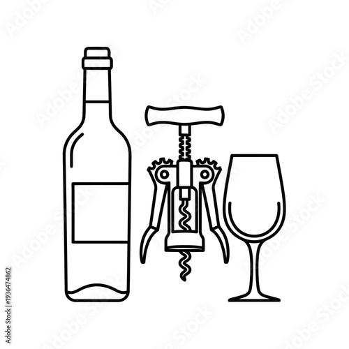 Wine bottle, corkscrew, and wine glass icons. Minimalist line art for beverage and celebration themes.