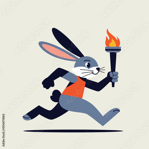 Cartoon Rabbit Running with Olympic Torch, Symbol of Speed and Competition