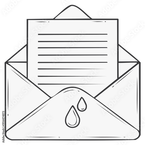 Open Envelope with Letter and Ink Drops Black and White Sketch