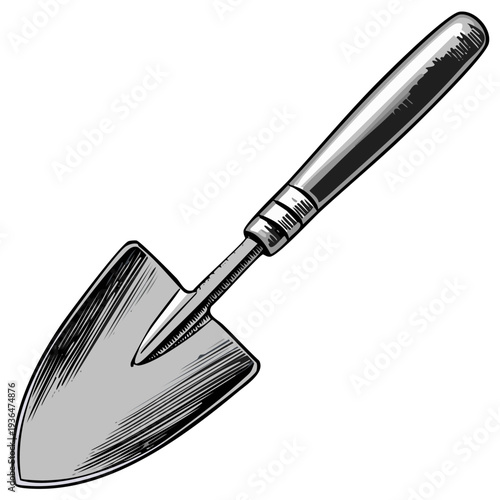 Illustration of a hand trowel in grayscale, perfect for gardening activities.