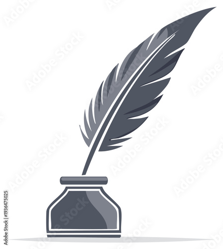 Grey Feather Quill Pen in Inkwell Illustration Writing Tool Symbol Office Supply