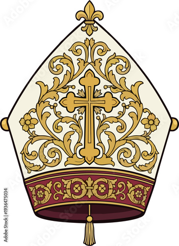 Ornate Catholic Bishop Mitre Hat Illustration with Gold Filigree Cross and Baroque Floral Ornament