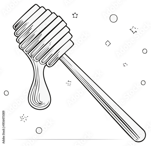 Honey dipper with dripping golden honey, sweet and sticky, black and white illustration.