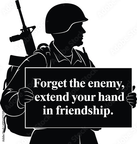 Silhouette soldier holding rifle with peace message sign, friendship over conflict, anti-war concept, reconciliation theme artwork, flat vector illustration