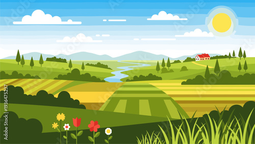 Rural Farm Landscape Illustration for Agriculture & Countryside Marketing