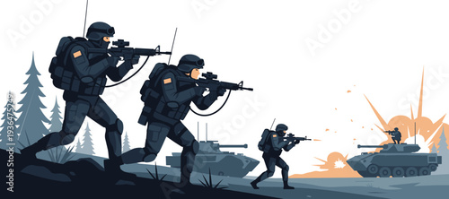 Military combat soldiers advancing with tanks and explosion in forest battlefield, tactical gear, war operation scene, flat vector illustration