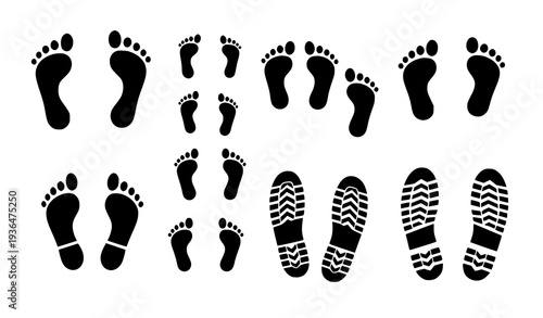 Walking footprints and shoe sole prints icon collection barefoot kids feet vector illustration