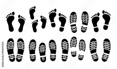 Human footprints and shoe sole prints vector set barefoot kids feet and walking trail icons
