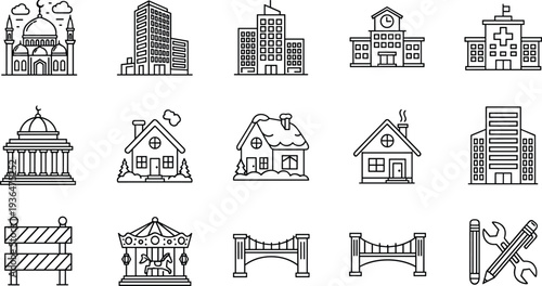 Architecture, buildings, mosque, school, hospital, house, bridge, construction, city, infrastructure, urban, landmarks, residential, skyline, design, outline, icons, vector, architecture, set