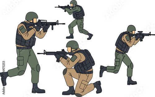 Four armed soldiers in tactical gear combat stances with rifles, helmets, bulletproof vests, military readiness training scenario, flat vector illustration