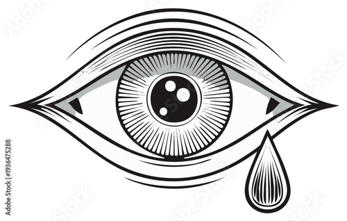 Stylized Eye with Tear Droplet and Radial Lines Emblematic of Vision and Emotion