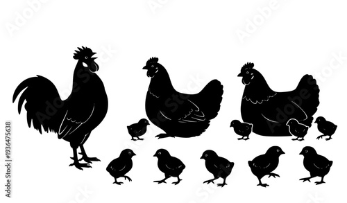 rooster and hen Chicken Family Silhouette Icons Rooster Hen and Chicks Farm Vector Set