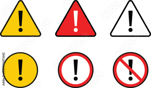 Exclamation mark warning symbols, safety alert icons, caution triangle and circle signs, danger notification vector, hazard attention illustration, critical information signage