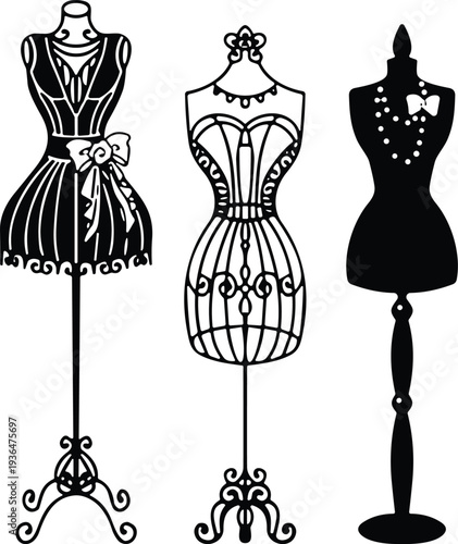 Fashion dress form illustration, mannequin vector design, tailoring display artwork, creative clothing stand, stylish sewing model, decorative fashion design icon