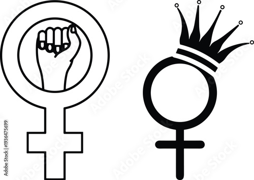 Female empowerment symbols, feminist raised fist icon, crown gender sign, women’s rights illustration, equality vector design, strength solidarity dignity artwork