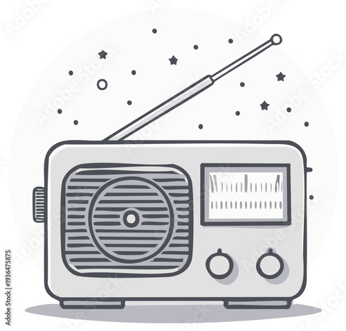 Retro portable radio receiver with antenna and tuning dial illustration