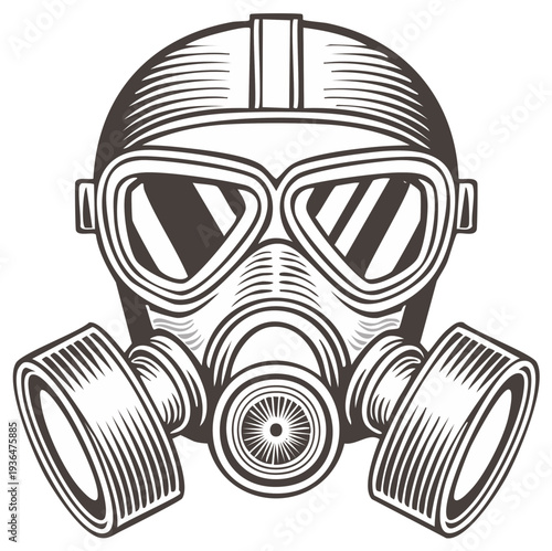 Vintage Gas Mask with Goggles and Filters Detailed Illustration