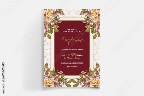 WEDDING INVITATION FRAME WITH FLOWER DECORATIONS AND FRESH LEAVES
