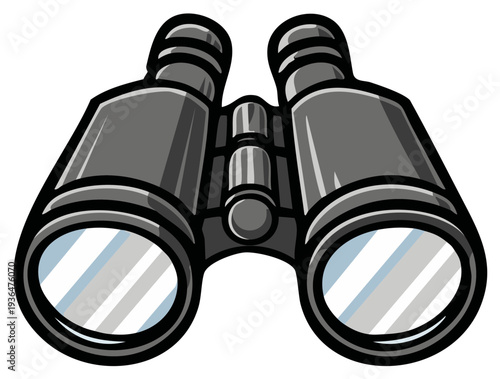 Binoculars Illustration in Black and Grey with White Lens Reflections