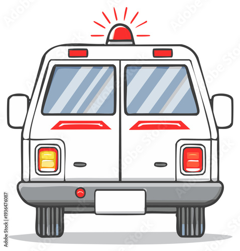 Ambulance vehicle with flashing red lights and siren view from the back emergency medical transport