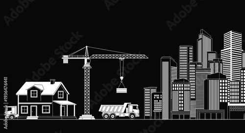 City, construction, crane, house, truck, skyline, buildings, architecture, urban, development, infrastructure, real estate, engineering, transport, modern, cityscape, silhouette, vector, industry