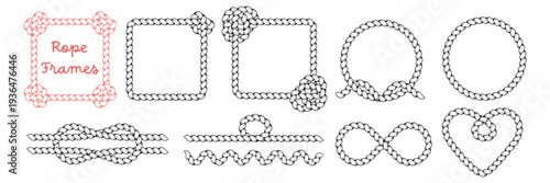 Hand drawn rope brush frames and dividers. Braided cord borders in square and round shapes with knots. Decorative rope lines. Cowboy rodeo concept
