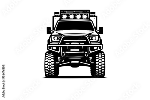 Front view of an overland expedition truck with symmetrical composition