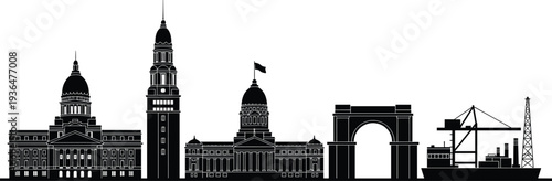 City, skyline, landmarks, architecture, capitol, clock tower, monument, arch, harbor, crane, ship, industry, urban, skyline, buildings, silhouette, vector, cityscape, infrastructure, travel