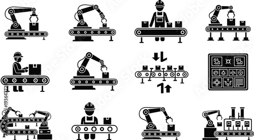 Factory automation icons set, robotic arm assembly line worker conveyor industrial production manufacturing technology vector illustration collection