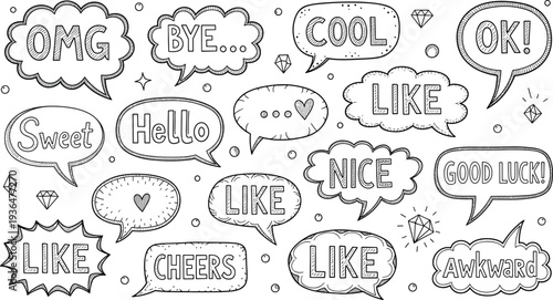 Hand drawn speech bubbles doodle set, chat message text icons hello like cool omg comic style vector illustration