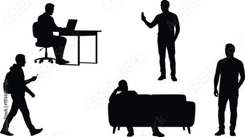 Human silhouette illustration, everyday activities vector, modern lifestyle design, people working and relaxing, communication posture chart, walking and sitting poses