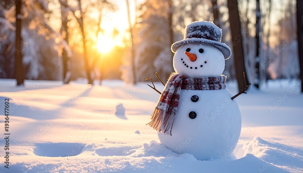 Obraz premium Cheerful snowman with hat and scarf stands in sun-drenched snow with trees, winter scene casting shadows