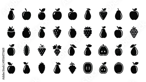 A collection of 30 black icons of various fruits on a white background