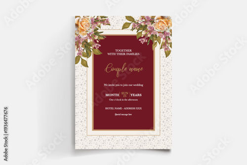 WEDDING INVITATION FRAME WITH FLOWER DECORATIONS AND FRESH LEAVES