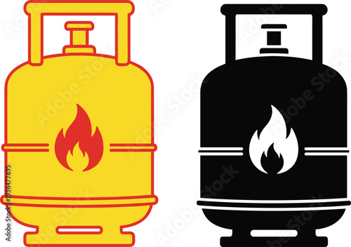 Flammable gas cylinder illustration, safety signage vector, hazardous material symbol, industrial fuel container design, fire hazard warning, chemical storage icon