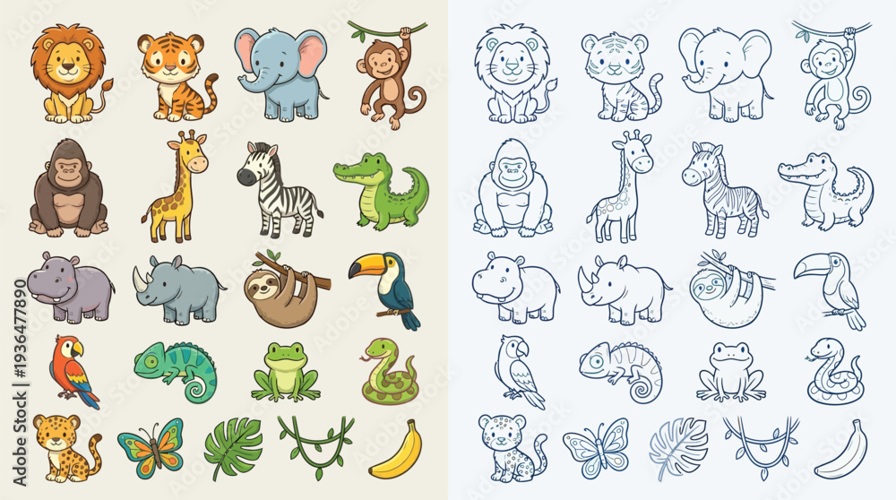 Fototapeta premium A collection of cute cartoon jungle animals and related elements, presented in both full color and outline versions, suitable for children's illustrations or educational materials.