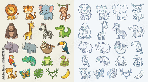 A collection of cute cartoon jungle animals and related elements, presented in both full color and outline versions, suitable for children's illustrations or educational materials.