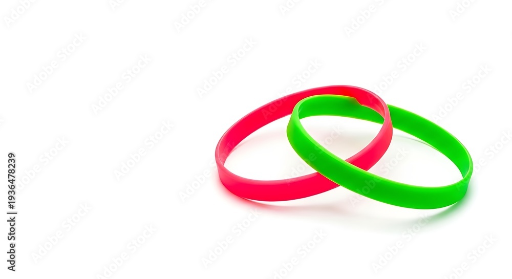 Naklejka premium Vibrant interlocking rubber bands in red and green, isolated on a white background, symbolizing connection and unity.