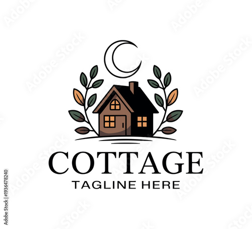 A cozy cottage logo with a moon and leaves on a white background