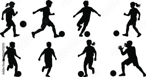 Kids playing soccer silhouette collection with boys and girls football action poses, children sport activity isolated vector illustration