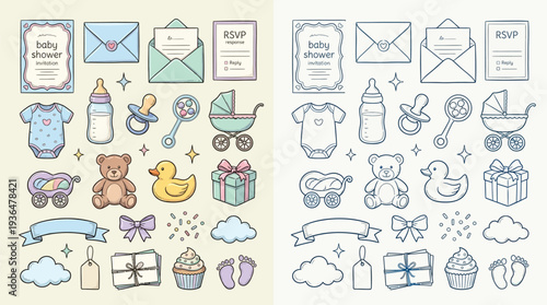 Collection of cute baby shower icons and elements in pastel colors, including clothing, toys, and decorations.
