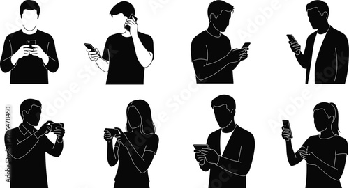 People using smartphone silhouette collection with calling texting browsing and gaming poses, modern mobile technology communication lifestyle vector set